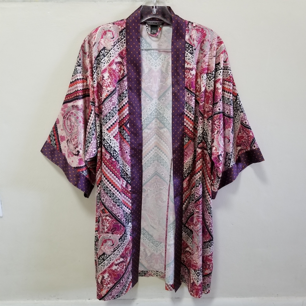Victorias Secret Women Robe Satin Kimono M/L Purple Pink Boho Print Pockets